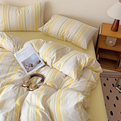 VM VOUGEMARKET Yellow Striped Duvet Cover Set Queen 100% Washed Cotton Bedding Set 3 Piece Colorful Pinstripes Comforter/Quilt Cover with Zipper Closure Corner Ties,Modern Cozy for Girls