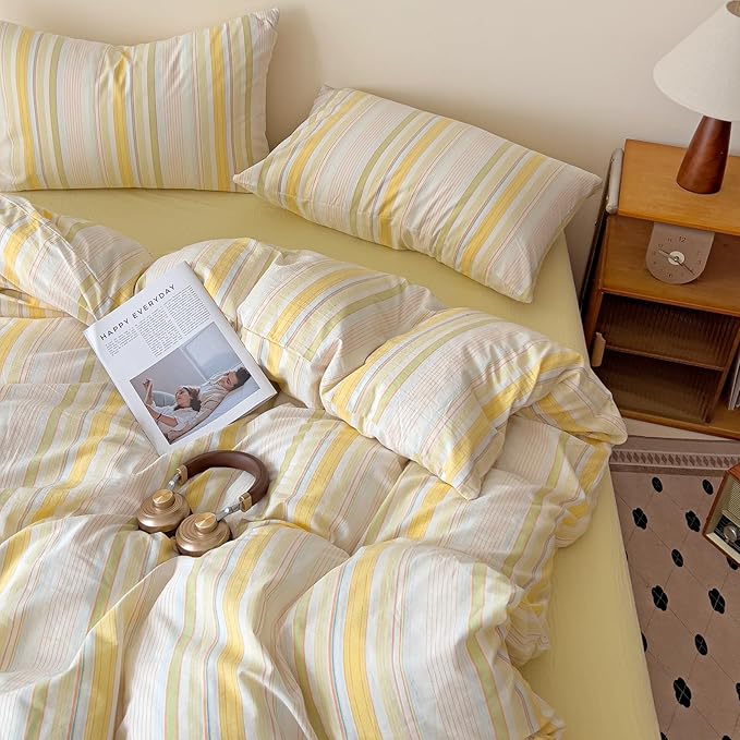 VM VOUGEMARKET 3 Pieces Striped Duvet Cover Set King 100% Washed Cotton Linen Like Textured Breathable Durable Soft Comfy Bedding Set (Yellow Stripes, King 104"x90")