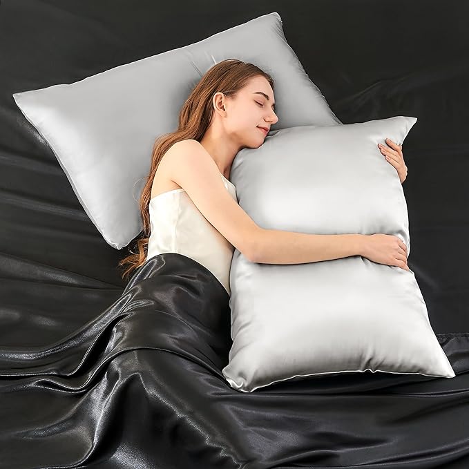 INFIIXSO Mulberry Silk Pillowcase for Hair and Skin, Silk Pillow Cases Queen Size Set of 2 with Hidden Zipper 20x30 Inches, Ultra Soft Cooling Pillow Cases for Hot Sleepers(Light Grey, 2 Pack)