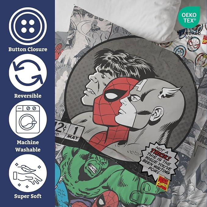 Jay Franco Kids Duvet Cover Set – 3 Piece Super Soft Bedding with Sham Pillowcase, Cover ONLY Comforter Not Included, Grey - Marvel Comics, Full