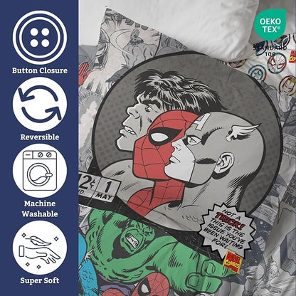 Jay Franco Duvet Cover Set – 3 Piece Comforter Cover and Sham Set, Super Soft Cozy Kids Bedding (Insert Not Included) Grey - Marvel Comics, Queen