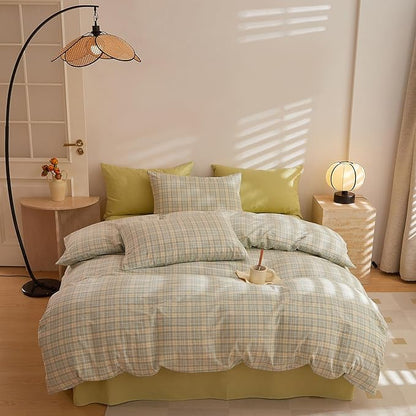 Plaid XL Twin Comforter Cute Fluffy Bedding Set All Season Down Alternative Washed Cotton Rustic Bedding Comforter Sets Boho Puffy Super Soft Farmhouse Bed Comforter with 2 Pillowcases