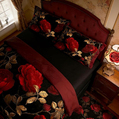 King Size Bed in A Bag for Girls, 7Pcs Vintage Floral Comforter on Burgundy Back, 1 Quilted Comforter + 2 Pillow Cases + 1 Flat Sheet + 1 Fitted Sheet + 2 Pillowshams