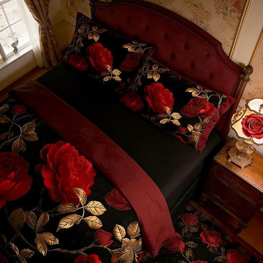 Vintage Floral Twin Size Bed in A Bag for Girls, 7Pcs Burgundy Comforter Set for Gothic Bedroom Decor, Black Floral Quilted Bedding with 2 Pillowcases, 68"x86"