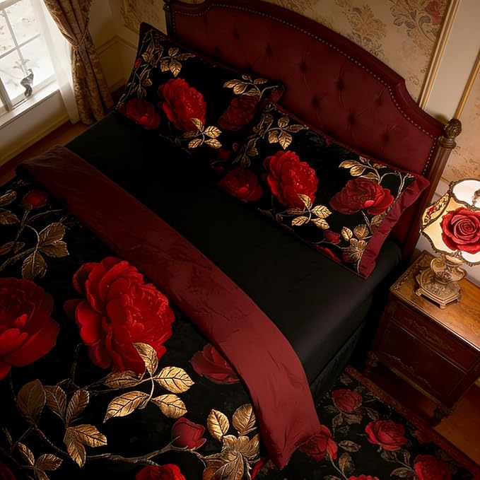 Vintage Floral Queen Size Bed in A Bag for Girls, 7Pcs Burgundy Comforter Set for Gothic Bedroom Decor, Black Floral Quilted Bedding with 2 Pillowcases, 90"x90"