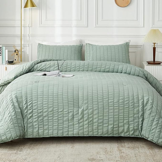 AveLom Seersucker Queen Comforter Set, Sage Green, 90x90, 3 Pieces