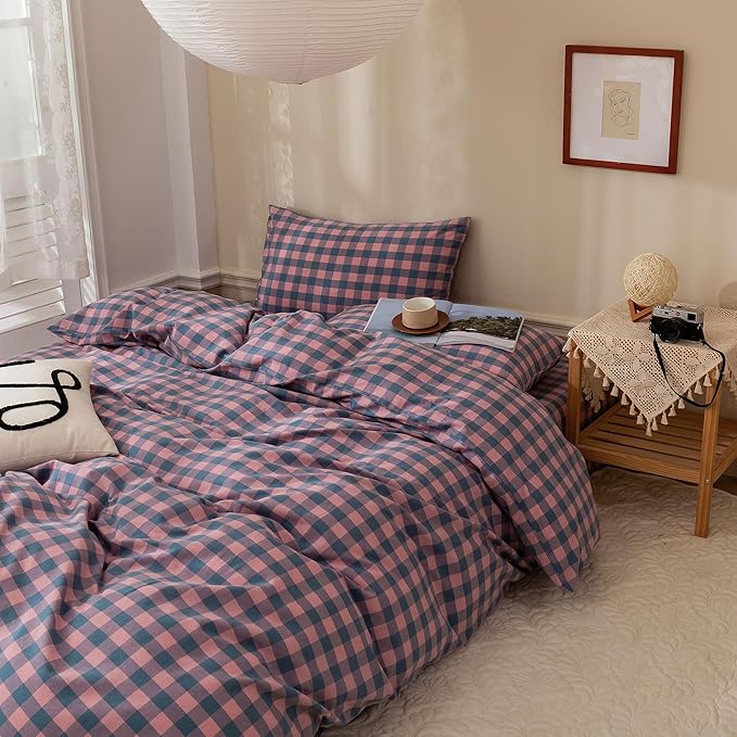 EAVD Pink&Purple&Blue Gingham Plaid Duvet Cover Full Soft 100% Washed Cotton Reversible Modern Grid Checkered Bedding Set with 2 Pillowcases Farmhouse Gingham Duvet Cover with Zipper Closure