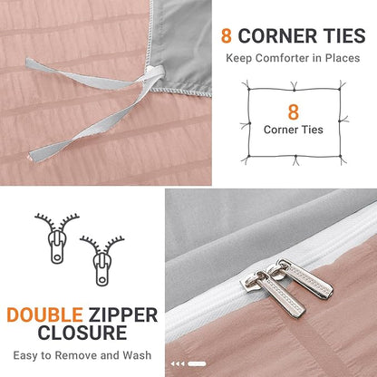 HYMOKEGE Rose Gold/Light Grey Duvet Cover Full Size, Ultra Soft 3-Piece Seersucker Duvet Cover Set with Zipper Closure, Soft Brushed Microfiber Bedding Set with 8 Corner Ties (80"x90", 2 Pillowshams)