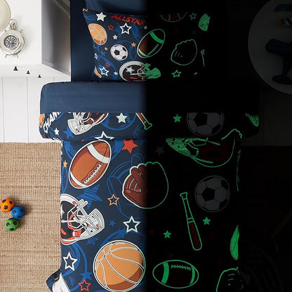 Twin Kids Comforter Set - 5 Pieces Twin Bedding Sets for Boys Teen, Glow in The Dark Sports Ball Games Bed in A Bag with Sheets