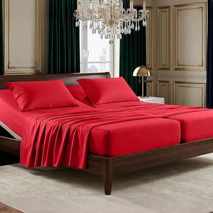 Elegant Comfort Luxurious 1500 Premium Hotel Quality Microfiber Three Line Embroidered Softest 5-Piece Bed Sheet Set, Wrinkle and Fade Resistant, Split King, Red