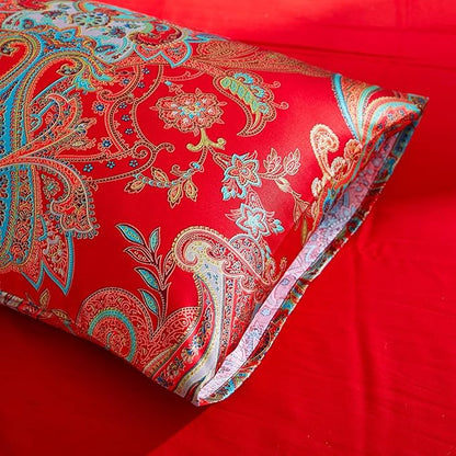 mixinni King Size Duvet Cover Set Paisley Light Blue Long Staple Cotton Percale Farmhouse Pattern Duvet Cover on Red Vintage Floral Bedding Comforter Cover with 2 Pillowcases Perfect for Him and Her