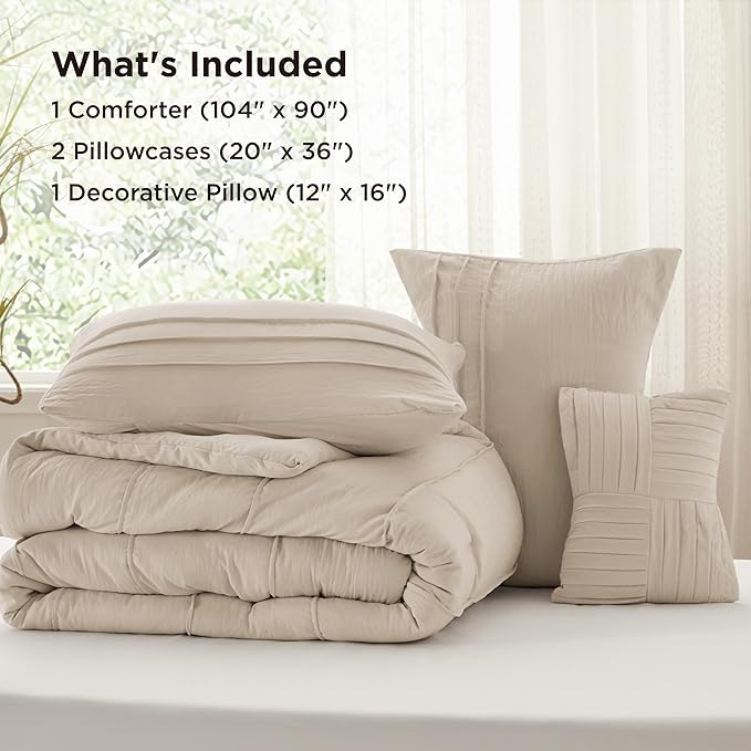 Bedsure King Comforter Set - 4 Pieces Pinch Pleat Bed Set, Linen Boho Bedding for All Season, 1 Soft Comforter, 2 Pillowcases, 1 Decorative Pillow