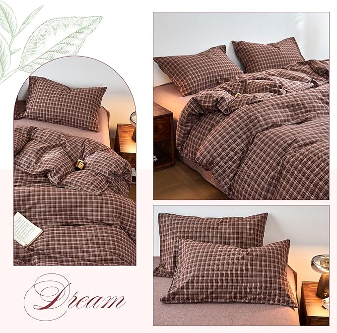 EAVD Vintage Style Burgundy Gingham Duvet Cover Queen 100% Washed Cotton Like Linen Feel Soft Checkered Grid Plaid Bedding Set with 2 Pillowcases Farmhouse Grid Geometric Duvet Cover with Zipper