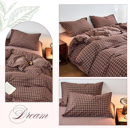 EAVD Vintage Style Burgundy Gingham Duvet Cover Queen 100% Washed Cotton Like Linen Feel Soft Checkered Grid Plaid Bedding Set with 2 Pillowcases Farmhouse Grid Geometric Duvet Cover with Zipper