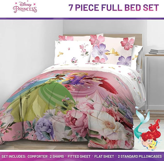 Jay Franco Disney Princess Full Size Comforter Set - 7 Piece Bedding Includes Sheet Set & Pillow Covers - Super Soft Cozy Floral Bedding with Cinderella and Ariel