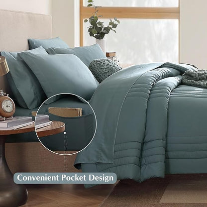 Monbix Full Comforter Set - 7 Pieces Blue Green Bed in a Bag Full Size Bedding Sets with Comforters, All Seasons Comforter with Sheets, Pillowcases & Shams