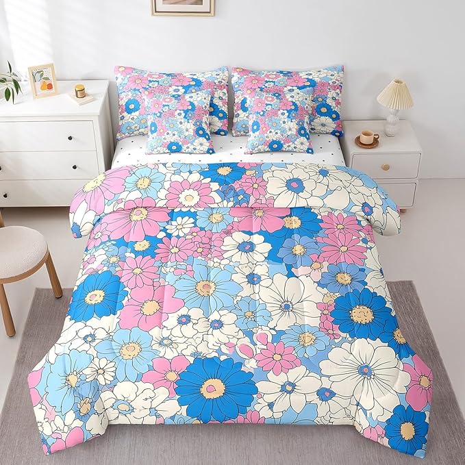 Groovy Flowers Comforter Set Bed in a Bag 7 Pieces King,Red Hippie Flowers 70s 80s Floral Bedding Set,Blue Pink Daisy Botanical (Comforter+Fitted+Flat Sheet+2 Pillowcases+2 Throw Pillow Covers)