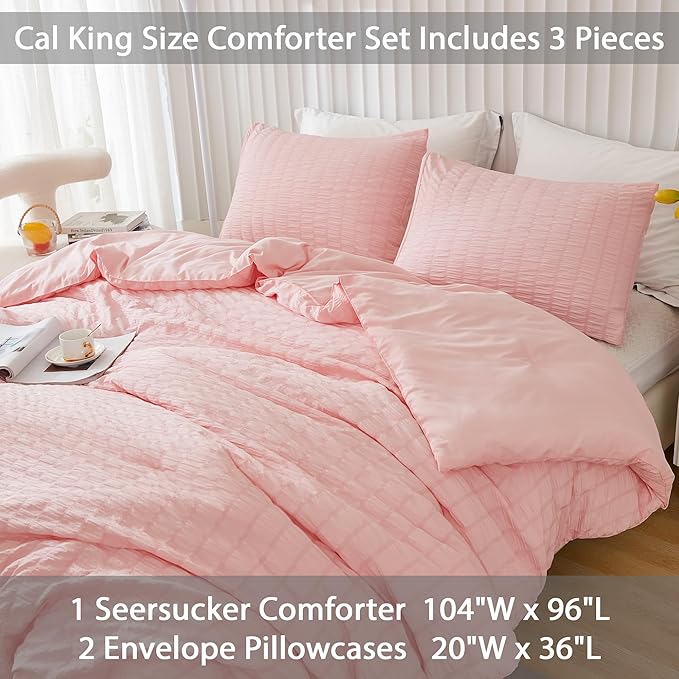 AveLom Blush Pink Seersucker California King Comforter Set (104x96 inches), 3 Pieces-100% Soft Washed Microfiber Lightweight Comforter with 2 Pillowcases, All Season Down Alternative Bedding Set