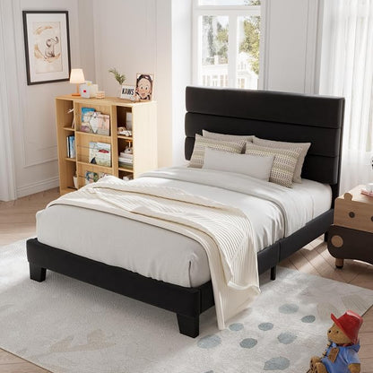 Allewie Twin Size Platform Bed Frame with Velvet Upholstered Headboard | Wooden Slats Support, Fully Upholstered Mattress Foundation, No Box Spring Needed, Easy Assembly, Noise-Free, Black