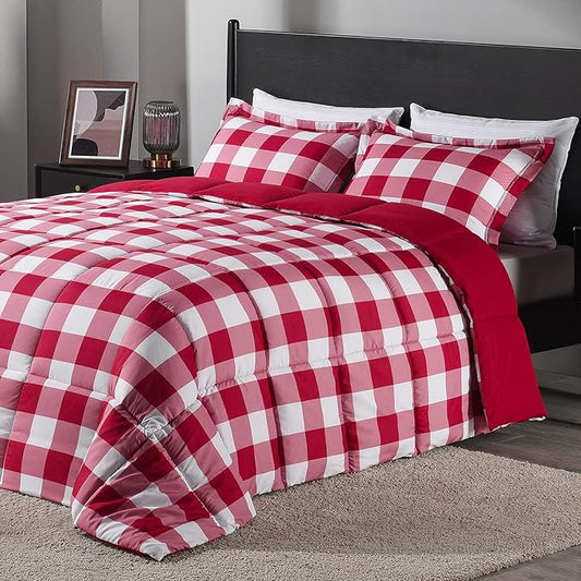 downluxe Lightweight Plaid Comforter Set (Twin) with 1 Pillow Sham - 2-Piece Set - Red/White Plaid - Down Alternative Reversible Comforter
