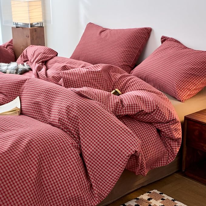 Gingham Duvet Cover Queen Size Red Washed Cotton Comforter Cover Queen Size Plaid Checkered Boho Zipper Duvet Cover Set with 2 Pillow Cases Farmhouse Girls Bedding Set Pattern Duvet Protector