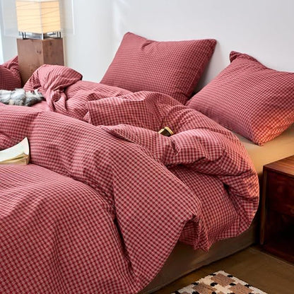 Gingham Duvet Cover King Red Washed Cotton Comforter Cover King Size Plaid Checkered Boho Zipper Duvet Cover Set with 2 Pillow Cases Farmhouse Girls Bedding Set Pattern Duvet Protector