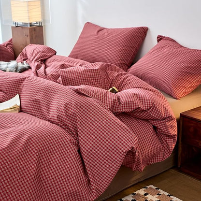 Gingham Duvet Cover King Red Washed Cotton Comforter Cover King Size Plaid Checkered Boho Zipper Duvet Cover Set with 2 Pillow Cases Farmhouse Girls Bedding Set Pattern Duvet Protector