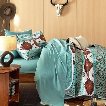 Wake In Cloud - Western Quilt Set, Southwestern Aztec Country Style with Rustic Ranch Vibe, Reversible Lightweight Bedspread Coverlet, 3 Pieces, Turquoise Brown, Twin/Twin XL Size