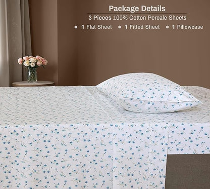 ZOYER 100% Cotton Sheets – Twin Size Percale Bedding, Cooling & Breathable, Durable with a Crisp, Soft & Comfortable Feel, 16" Deep Pocket, 3-Piece Set, La Laa Flower