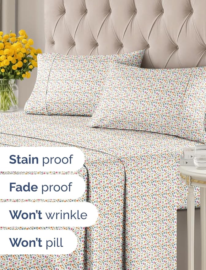 Floral Sheets - Flower Print Bed Sheet Set - 1 Flat, 1 Fitted & 1 Pillowcase w/ Deep Pockets - Comfy, Cozy, Wrinkle & Fade Free - Boho Botanical Bedding - Soft, Breathable & Cooling - Twin XL Size Set