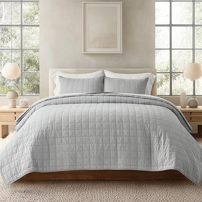 EVERGRACEHOME 100% Cotton Box Stitch Quilt Bedding Set King Size 3 Pieces, Garment-Washed Lightweight Soft Cozy Coverlet, Oversized Quilted Bedspread Sets with 2 Shams for All Season, Fog Gray