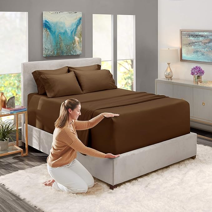 Hearth & Harbor Extra Deep Pocket Sheets - Fits Mattress 18-24 Inches Deep - Extra Deep Pocket Twin XL Sheets Sets - 4 Piece Twin XL Size - Brown