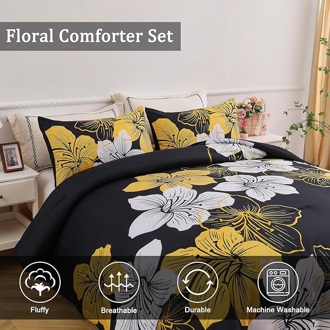 Menghomeus California King Comforter Set Black/Gold Floral Bedding Comforter Sets, Soft Microfiber Bed Set for All Season 3 Piece Botanical Flowers Comforter, Pillowcases