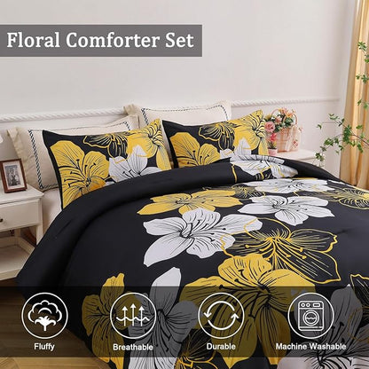 Menghomeus California King Comforter Set Black/Gold Floral Bedding Comforter Sets, Soft Microfiber Bed Set for All Season 3 Piece Botanical Flowers Comforter, Pillowcases