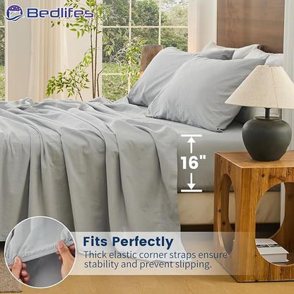 Bedlifes 100% French Pure Linen Sheets Queen Size Breathable and Cooling Flax Sheet Set Soft Durable and Moisture Wicking 16 Inch Deep Pocket-4 Piece(Queen,Grey)
