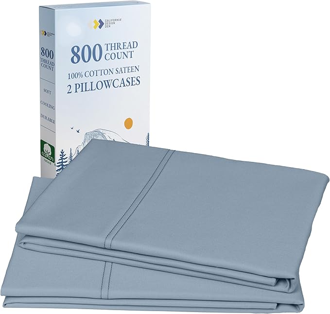 Heirloom Soft, Smooth & Thick Certified 800 Thread Count 100% Cotton Sateen, 2 Pillow Cases Standard Size Fits Standard & Queen Size Pillows (Blue)