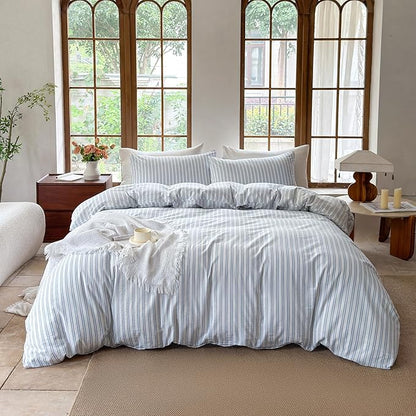 Striped Duvet Cover Set 100% Washed Cotton Linen Like Soft Feelling Breathable Bedding(White/Cornflower Blue Strip,Twin)