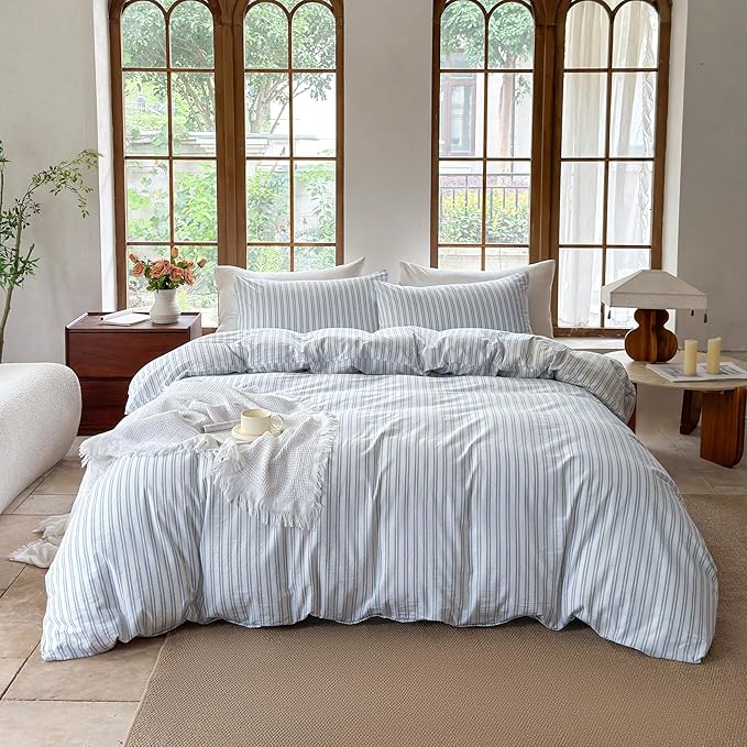 Striped Duvet Cover Set 100% Washed Cotton Linen Like Soft Feelling Breathable Bedding(White/Cornflower Blue Strip,Full)