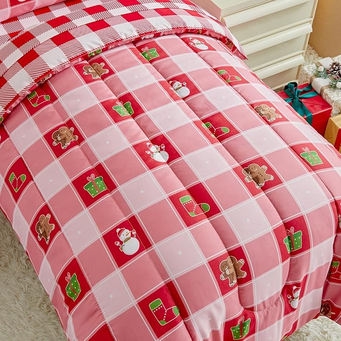 Christmas Toddler Bedding Set for Boys Girls Red White Plaid Colorful Holiday 4PC Toddler Bed Set - Cute Toddler White Bed in a Bag with Snowman Socks GIF Box