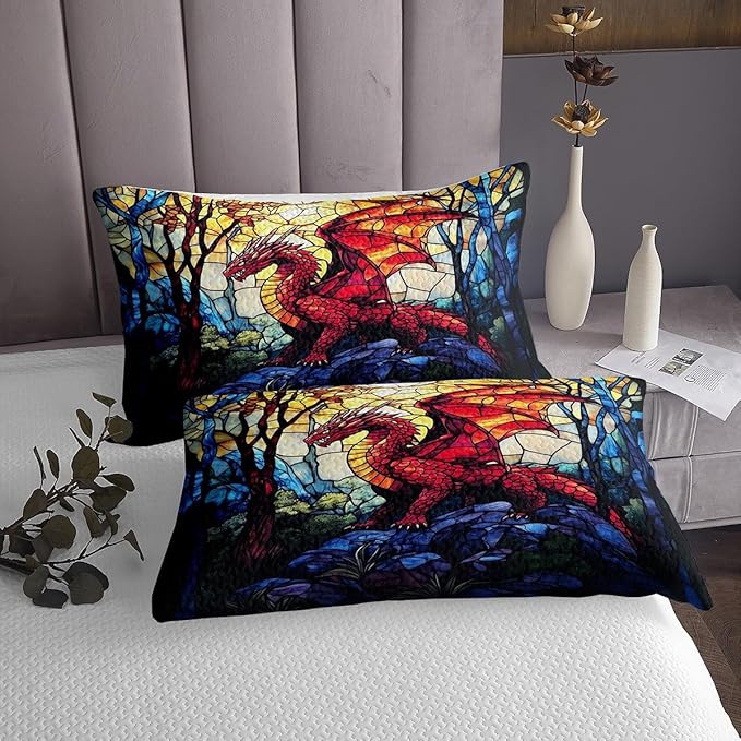 Western Dragon Kids Bedspread King Size,Pine Tree Artwork Life Glass Dragon Coverlet Set,Boys Girls Room Decor,Geometric Patchwork Abstract Quilted Coverlet,Red Retro Bedding Quilt,2 Pillowcases