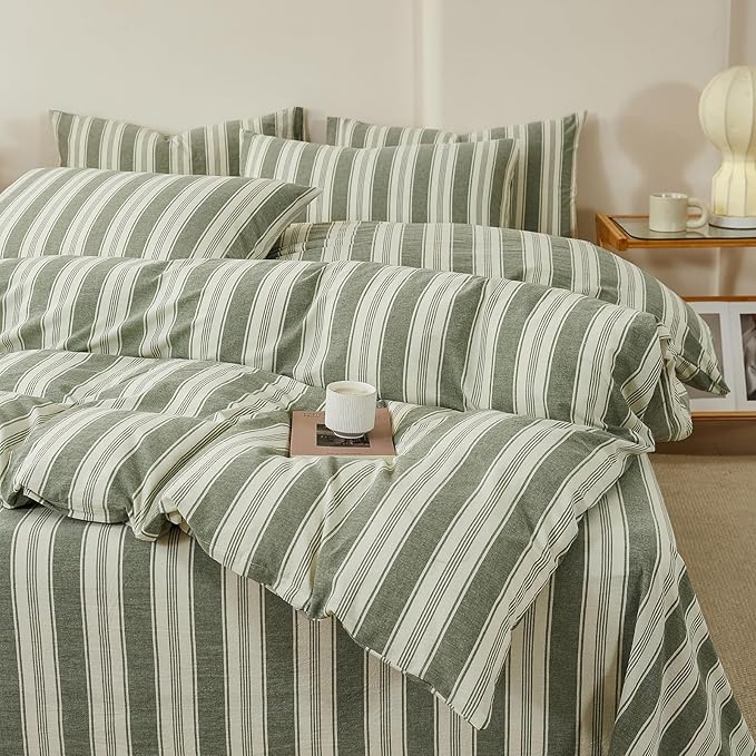 Vintage Striped Duvet Cover Set Twin Size, 100% Washed Cotton Green Striped Bedding Set with 2 Pillowcases, Soft Breathable Duvet Cover Retro Stripes Pattern Prined Comforter Cover with Zipper Closure