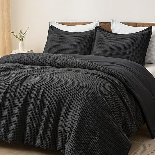PHF Ultra Soft Waffle Weave Comforter Set Queen Size, 3 Pieces Lightweight Breathable Comfy Bedding Set, Comfy Textured 1 Comforter with 2 Pillow Shams, Black