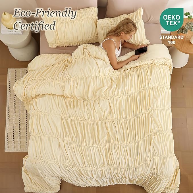 weigelia Cinched Comforter Set King – Soft Girl Ruched Bedding Set, 3PCS Light Yellow All-Season Fluffy Lightweight Comforter with Pillowcases for Bedroom, Apartment & Dorm Decor