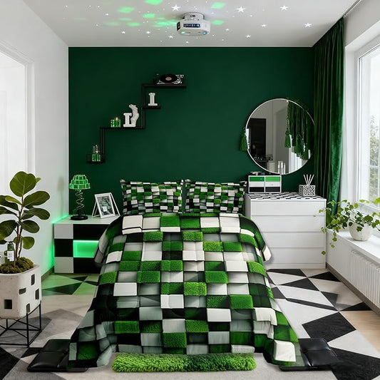 Pixelated Miners Game Kids Bedding Set King Size,Video Games Cartoon Gamepad Comforter Set，Modern Geometric Check Quilt Comforter,Green White Bedroom Duvet Insert,2 Pillowcases