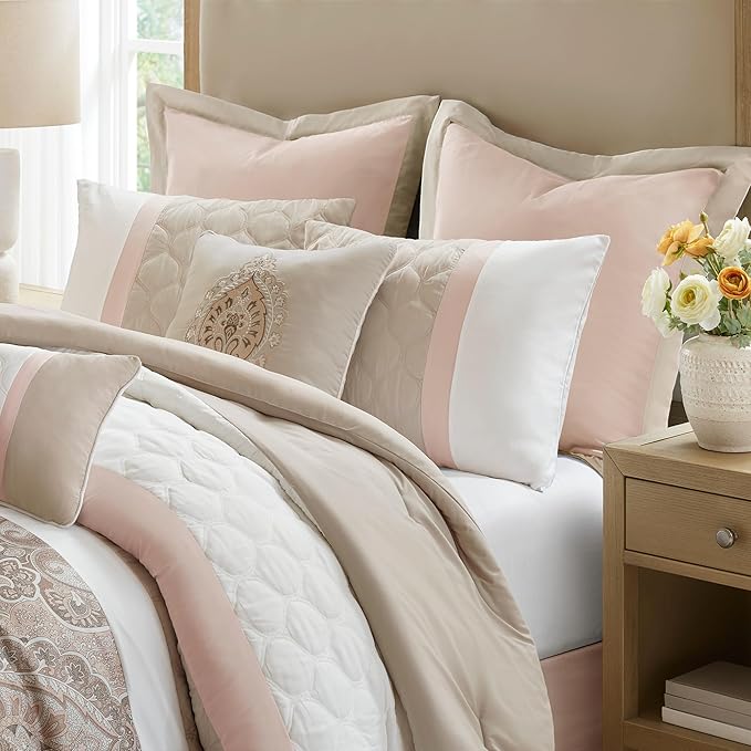510 DESIGN Luxe Quilted Comforter Set Modern Transitional Design, All Season Down Alternative Warm Bedding Matching Shams, Bedskirt, Decorative Pillow, King, Shawnee Scrollwork Blush