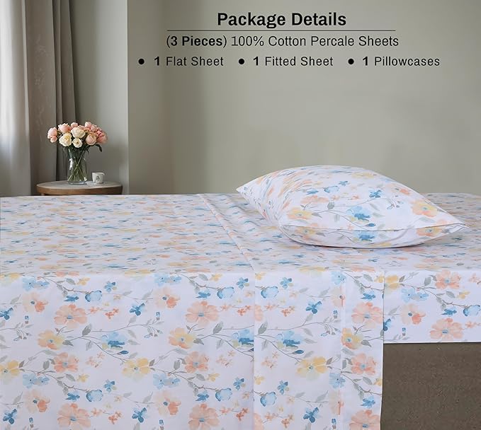 ZOYER 100% Cotton Sheets – Queen Size Percale Bedding, Cooling & Breathable, Durable with a Crisp, Soft & Comfortable Feel, 16" Deep Pocket, 4-Piece Set, Summer Spring