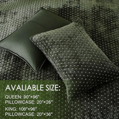 Velvet Quilt King Size, Oversized Bedspread Quilted Bedding Set, Luxurious Soft Coverlet Set Lightweight Velvet Comforter for All Season with 2 Pillow Shams, 96x106" Army Green Striped Quilt Set
