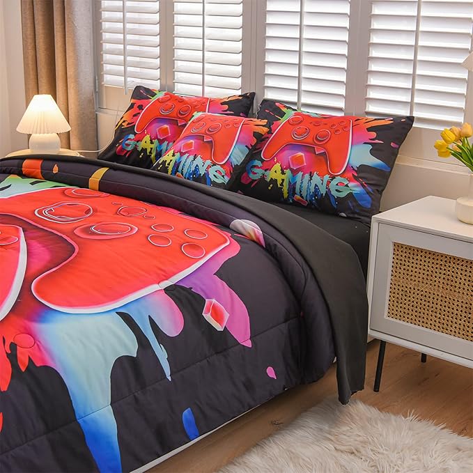 Aimuan Gamer Gaming Bedding Sets 3D Gamepad Comforter Sets for Boys Games Console Action Buttons Novelty Colorful Game Controller Modern Room Decor Home Quilt Set (Black, Full 6PCS)