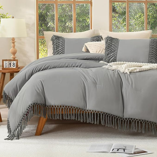 Andency Comforter King Size Set Medium Grey, 3 Pieces Boho Tassel Lightweight Fluffy Bedding Comforters & Sets, Soft All Season Bed Set (104x90In Comforter & 2 Pillowcases)