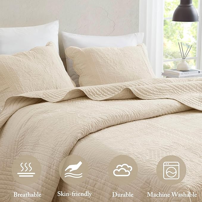 Madison Park King Quilt Set Damask Coverlet Set for King Size Bed, Cottage Oversized Quilt Set, Scallop Edge, All Season, Pre-washed Cotton-Filled King Size Quilt, Tuscany, King/Cal King Cream 3 Piece